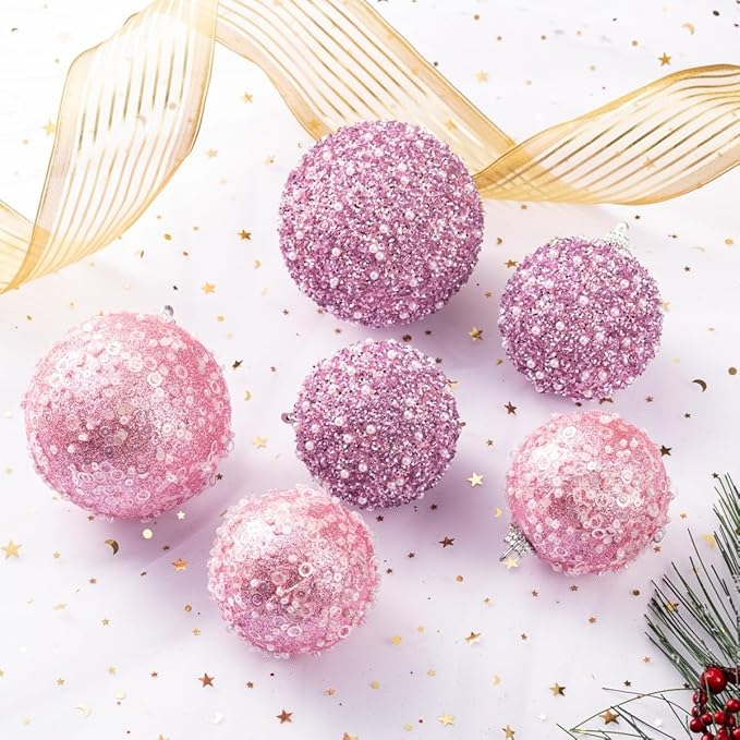 12CT Christmas Ball Ornaments, Pink Christmas Ball Decorations Shatterproof Plastic Hanging Pearl Balls for Holiday Party(70mm/2.76")