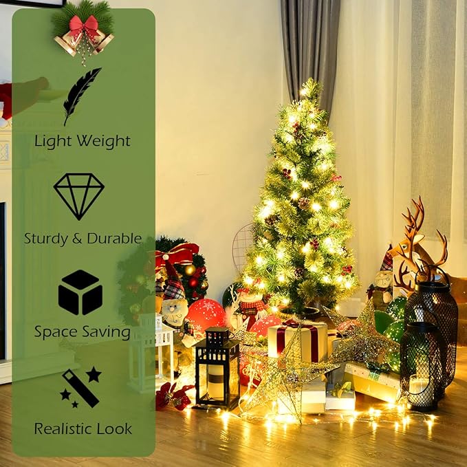 GOFLAME 4ft Prelit Pathway Christmas Tree with 60 LED Lights, Artificial Christmas Tree with Metal Stand, 180 Branch Tips, Pine Cones and Red Berries, Entrance Tree for Indoor and Outdoor Decoration