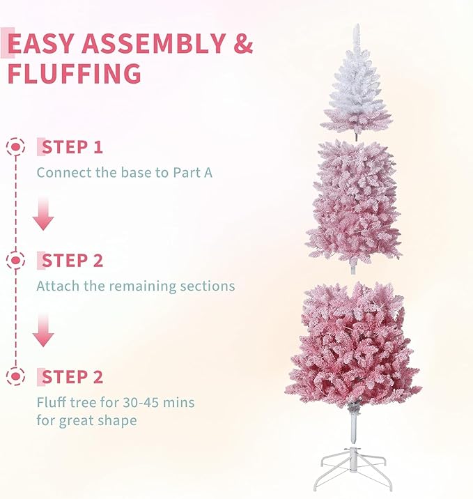 GarveeHome 7.5ft Pink Christmas Tree, Prelit Artificial Christmas Tree with Foldable Base, Snow Flocked Pencil Christmas Tree for Holiday Decoration