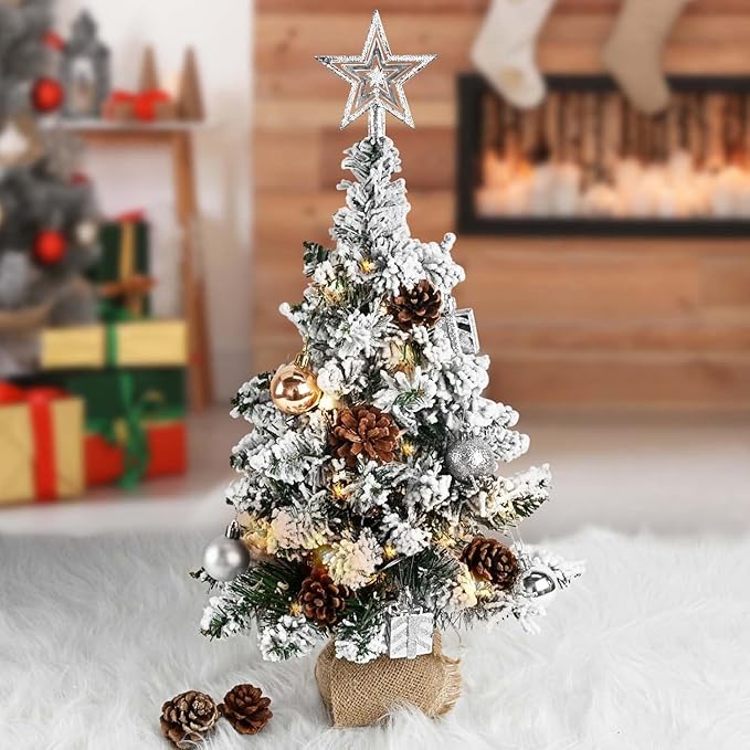 24 Inch Snowy Mini Christmas Tree, Small Tabletop Flocked Tree with LED Lights, Pine Cones, Balls, Star Tree Topper, Gift Box and Cloth Bag Base, Xmas Decorations (Christmas Tree)