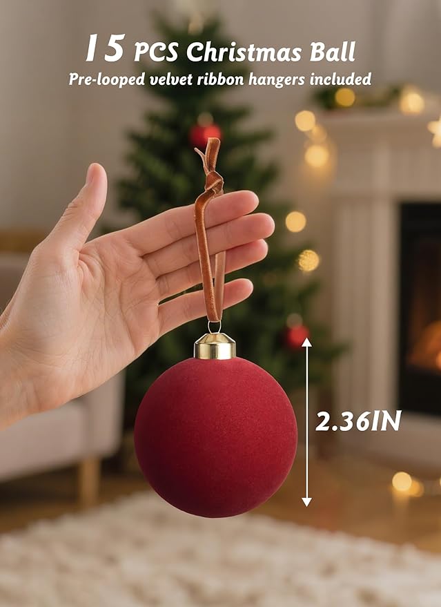 Brightown 15 Pcs Red Velvet Christmas Balls, 2.36 Inch Velvet Ornaments for Christmas Tree, Christma Tree Flocked Ornaments Balls for Family Holiday Wedding Party Xmas Hanging Decoration