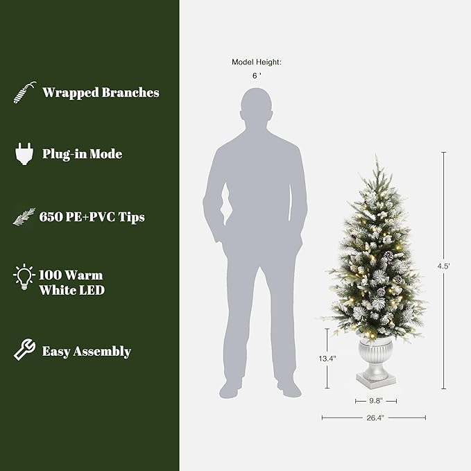 LuxenHome 4.5FT Potted Christmas Tree, Small Flocked Christmas Tree Prelit with 100 LED Lights and Pinecones, Lighted Pencil Artificial Christmas Trees with Urn Style Planter Pot for Indoor, Outdoor