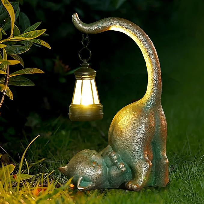 Cat Garden Statue Outside Decor with Lantern for Yard Art Lawn Ornaments Porch Patio Balcony Home House Birthday Gifts for Grandma Mom Women Sister Lover