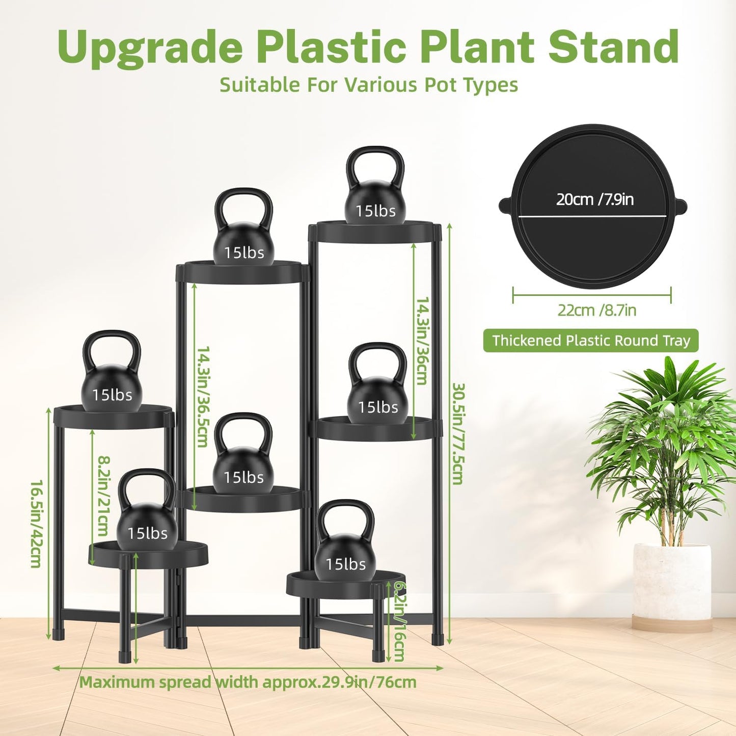 iDavosic.ly 7 Tier Folding Plant Stand Indoor Outdoor with Plastic Tray, Tiered Corner Flower Holder Shelf, Metal Orchid Display Rack for Patio Porch Living Room Garden Balcony, Modern Black