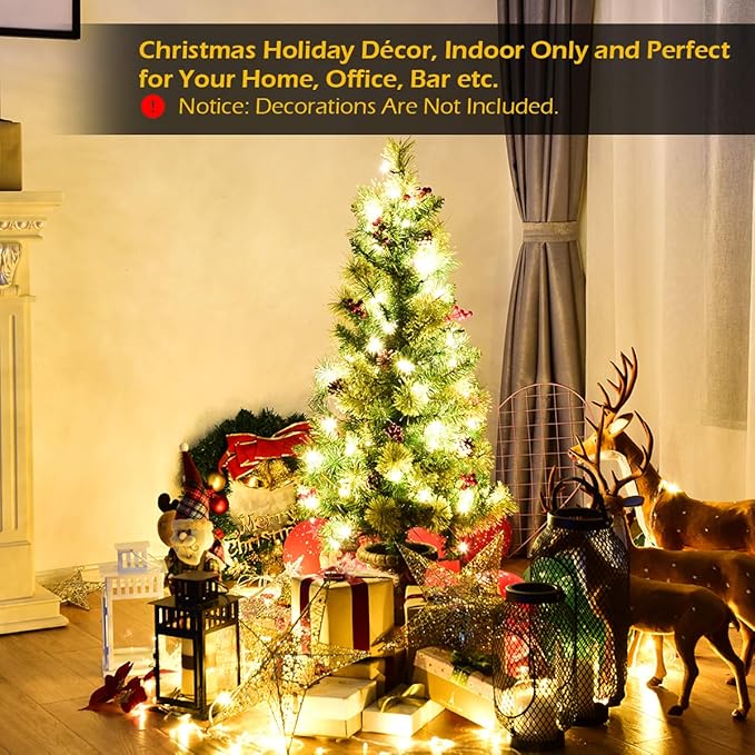 GOFLAME 5ft Prelit Pathway Christmas Tree with 100 LED Lights, Artificial Christmas Tree with Metal Stand, 260 Branch Tips, Pine Cones and Red Berries, Entrance Tree for Indoor and Outdoor Decoration