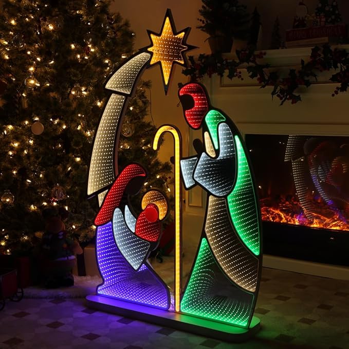 hogardeck Nativity Scene for Christmas Decorations, 4FT Christmas Nativity Scene Infinity Mirror Tunnel Light, 3D Endless Extension Holy Family for Home Indoor Living Room Outdoor Yard Garden Decor