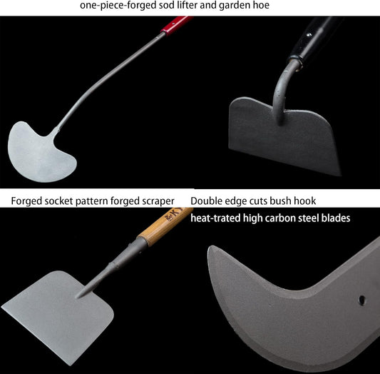 KYLIN Landscaping Shovel Rake Tools Set Heavy Duty Yard Digging Shovels Garden Hoe Long Ash Handle Forged Scraper Bush Hook for Professional-Grade 8 Pieces Lawn Tools