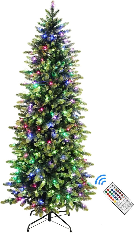 Alupssuc 6.5ft Prelit Artificial Hinged Christmas Tree with Remote Control, 300 Pre-Lit Multi-Color RGB Lights and 1600 PE & PVC Branch Tips, Fake Christmas Tree, 6.5 FT
