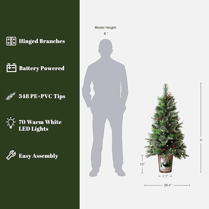 LuxenHome 4FT Small Christmas Tree, Battery Operated Potted Christmas Trees with 70 Warm White LED Lights, Slim Xmas Tree with Red Berries and Metal Pot for Entryway, Livingroom Holiday Display