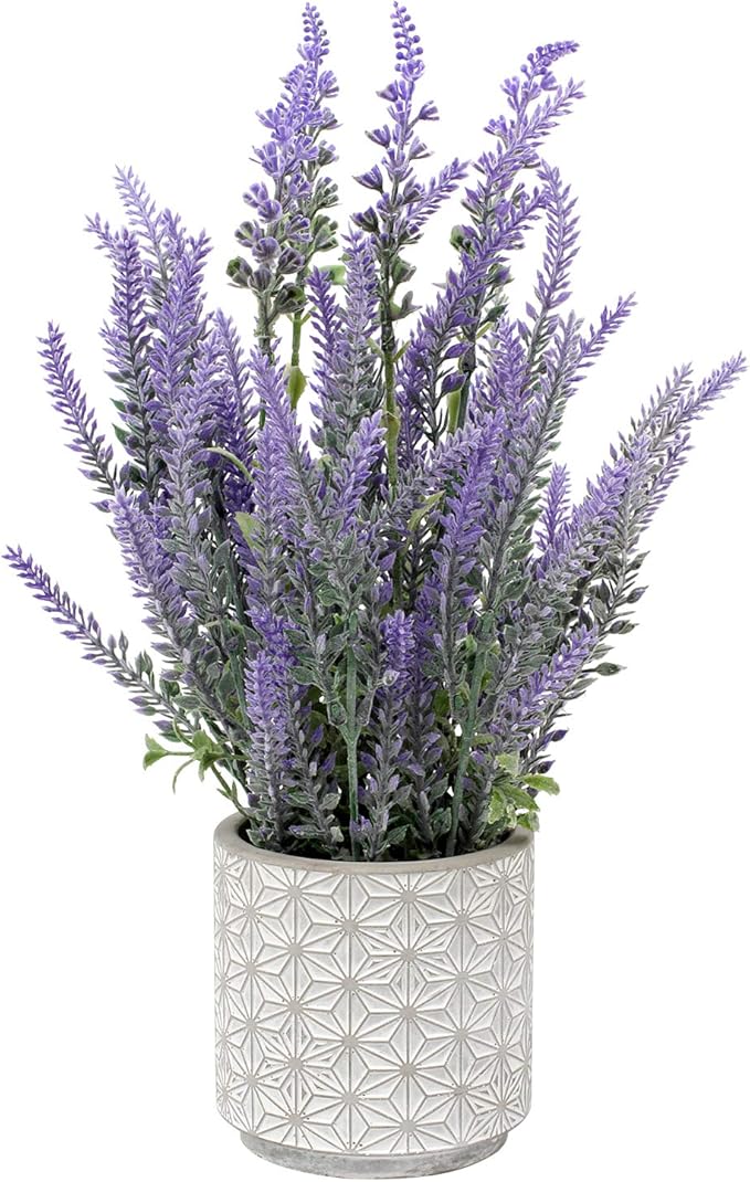 DILATATA Lavender Flowers Artificial Decor in Cement Pot - Faux Plants for Rustic Home, Bathroom, Table Centerpieces, Wedding Decor - Purple Potted Lavender Flower