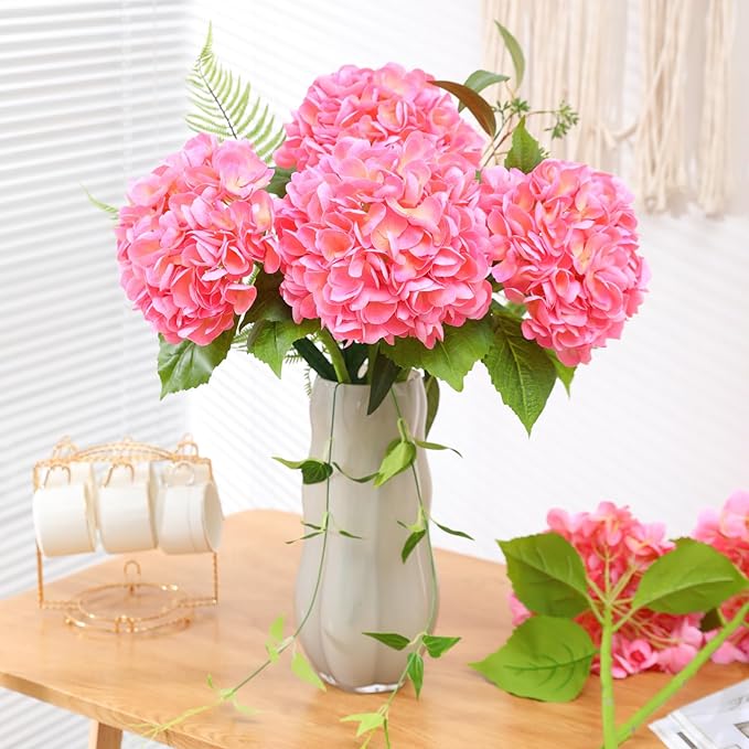Nubry 22.44In Pink Hydrangea Artificial Flowers,4Pcs Latex Faux Real Touch Large Hydrangea Flowers with Long Stems & Leaves for Home Office Decor Wedding Party Arrangements(Pink)
