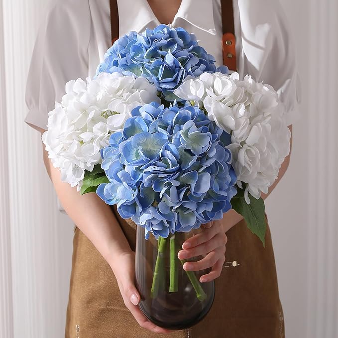 Nubry 22.44In Hydrangea Artificial Flowers, 4Pcs Latex Faux Real Touch Large Hydrangea Flowers with Long Stems & Leaves for Home Office Decor Wedding Party Arrangements(White&Blue)
