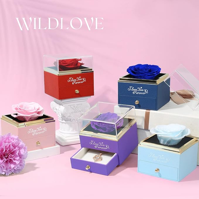 WILDLOVE Forever Real Rose with Heart Necklace, Preserved Flowers Gifts for Mom, Wife and Girlfriend on Christmas, Mother's Day, Birthday for Women