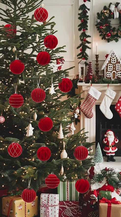 Hollyone Red Velvet Christmas Ornaments Set for Christmas Tree 3.2inch Xmas Ball Ornaments 9Pcs Flocked Balls Xmas Tree Hanging Ornament Decoration Set Shatterproof for Holiday Party Wreath Home Decor