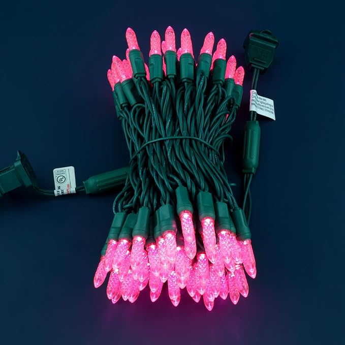 100 Pink Faceted One-Piece LED Christmas Lights, 33 ft Green Cord High Waterproof UL Certified M6 Outdoor String Lights (Pink)