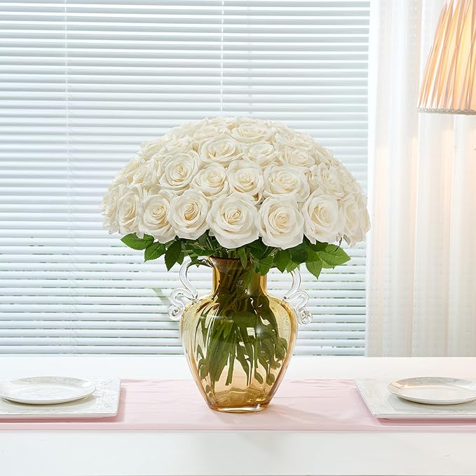 50pcs Ivory Roses Artificial Flowers Bulk Fake White Roses Silk Flower with Stems Realistic Flowers for Wedding Centerpiece Party Birthday Decor