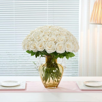 50pcs Ivory Roses Artificial Flowers Bulk Fake White Roses Silk Flower with Stems Realistic Flowers for Wedding Centerpiece Party Birthday Decor