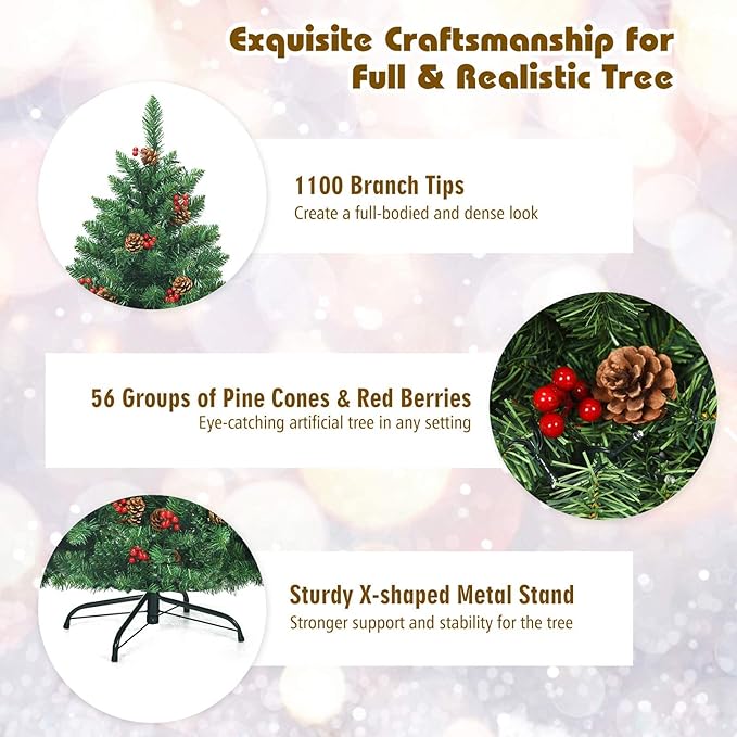 Happygrill 6.5 Feet Christmas Tree with Sturdy Metal Stand Artificial Xmas Tree with Pine Cones Red Berries