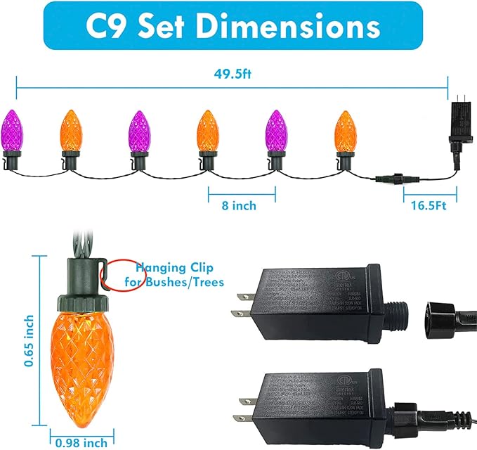 KAQ 2PK 100LED Orange and Purple C9 Halloween Lights Waterproof Indoor Outdoor, Extendable 98FT String Lights Plug in with 13 Lighting Modes, Halloween Decorations for Party Patio, Outside Yard Decor
