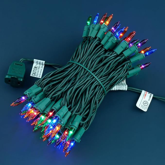 YULETIME 100 Count Multicolor Christmas Lights, 33 Feet Green Wire UL Certified Incandescent-Like LED Mini String Lights