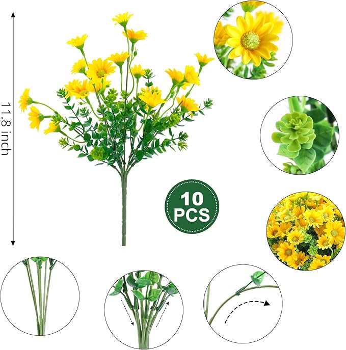 10pcs Outdoors Artificial Mum Flowers UV Resistant Daisy Fake Silk Chrysanthemum Greenery Faux Eucalyptus Plants for Spring Summer Garden Patio Window Box Planter Home Decor(Yellow)