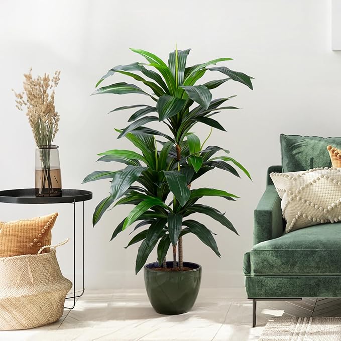 Artificial Dracaena Tree 4FT, Fake Tree with Plastic Pot, Fake Tropical Yucca Floor Plant, Lifelike Foliage and Branches, Artificial Plants Indoor for Home Office Living Room Decor Indoor