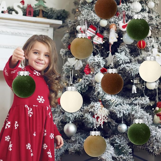 YUJUN 12 PCS Christmas Large Velvet Balls Ornaments 3.14In Shatterproof White Green Tree Hanging Plastic Ball Set Xmas Bulk Flocked Ornaments for Christmas Tree Home Party Wreath Decorations