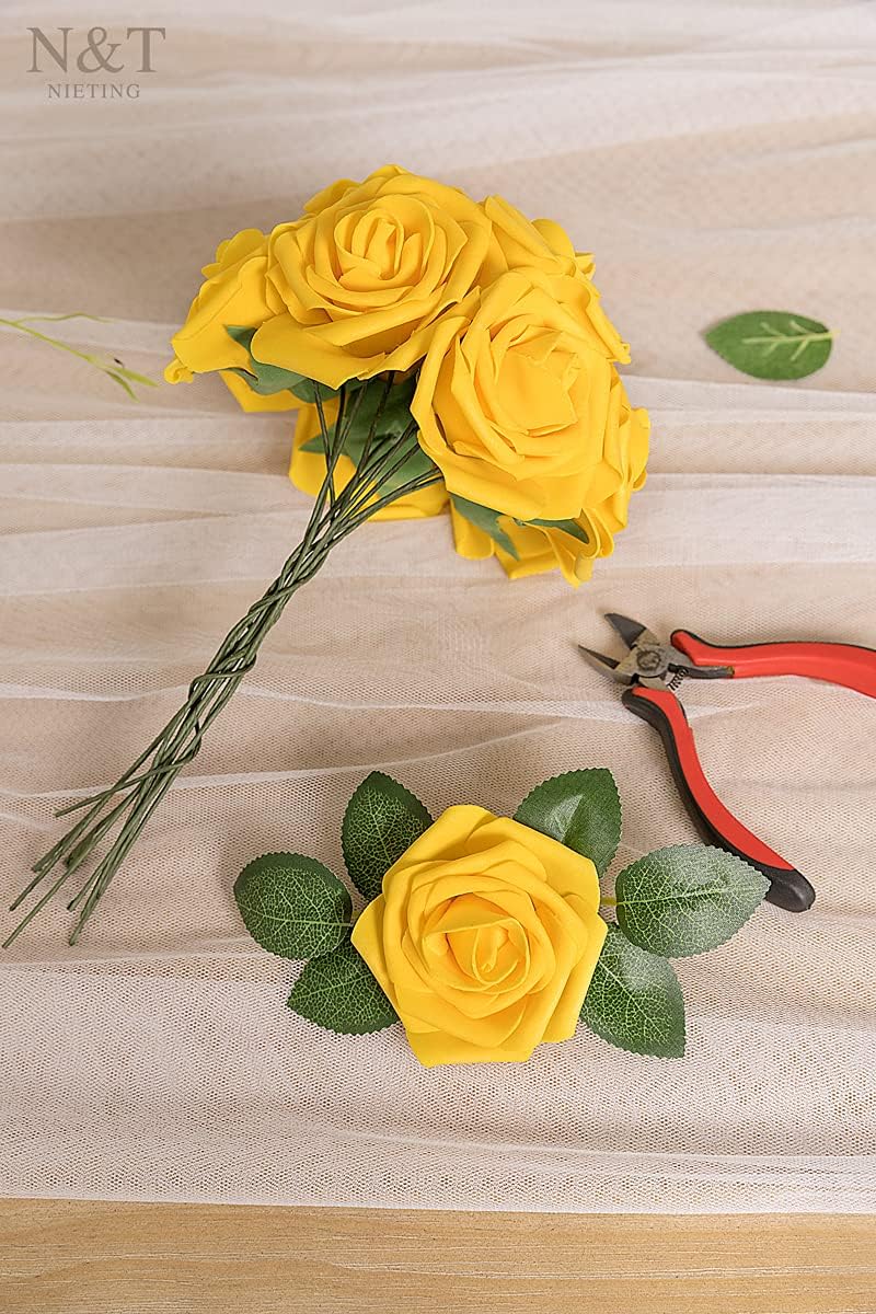 N&T NIETING Artificial Flowers, 25Pcs Fake Flowers Fall Roses Perfect for DIY Wedding Bouquets Centerpieces Bridal Shower Party Home Flower Arrangement Decorations, Gold