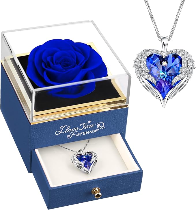 NEWNOVE Preserved Real Blue Rose with Angle Wings Necklace, Anniversary Birthday Gifts for Women, Wife Girlfriend Mom Gift Ideas, I Love You Gifts for Her