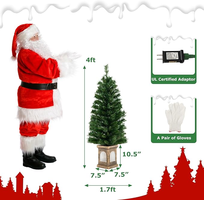 HAPPYGRILL 4 FT Pre-Lit Christmas Tree Set of 2, Artificial Potted Xmas Entrance Tree with 160 Branch Tips & 100 LED Lights, Cement-Filled Base, 3 Lighting Modes, Remote Control, Indoor Holiday Decor