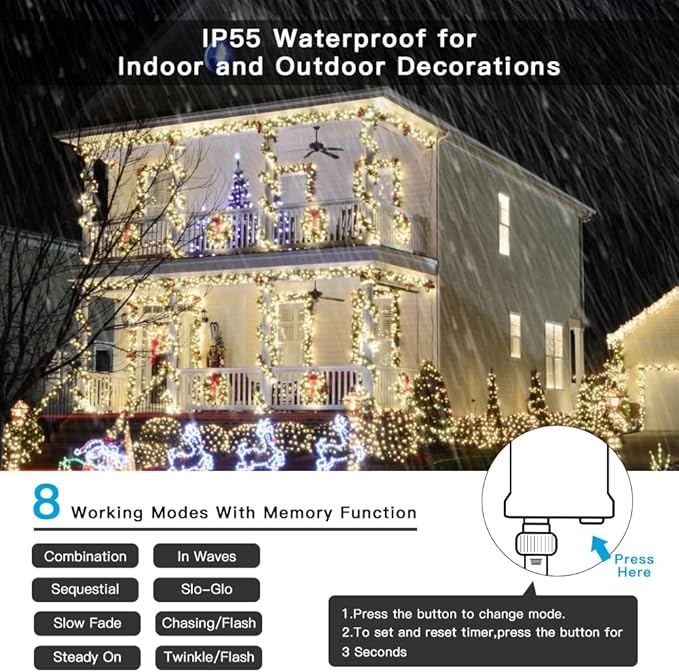 AmyHomie Color Changing Christmas Lights, 108Ft 300LED White Warm White String Lights, 8 Modes Waterproof Fairy String Lights for Outdoor & Indoor Christmas Tree Home Patio Garden Decor