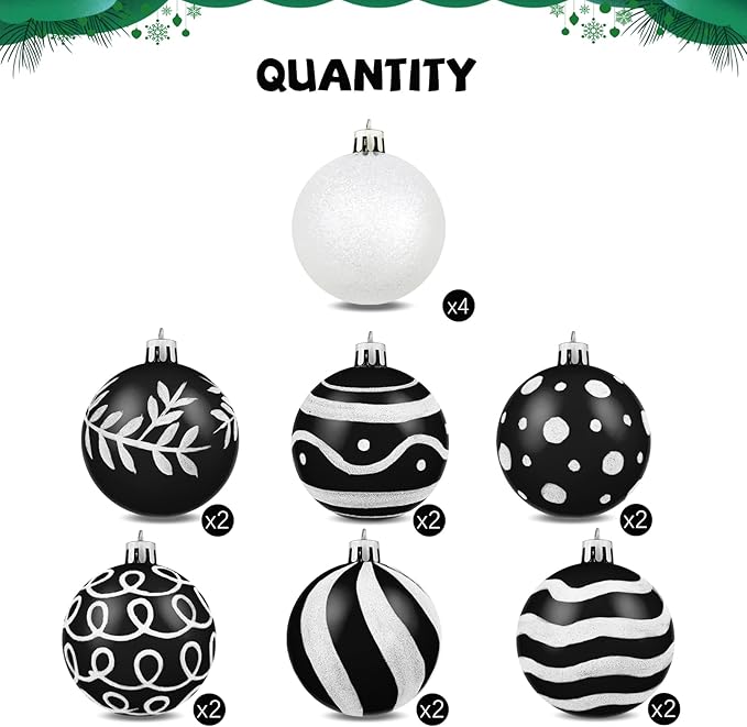 MCEAST 16 Pieces 3.15 Inches Christmas Balls Christmas Tree Pendants Shatterproof Decorative Baubles Balls for Christmas Tree Decoration, Black, White