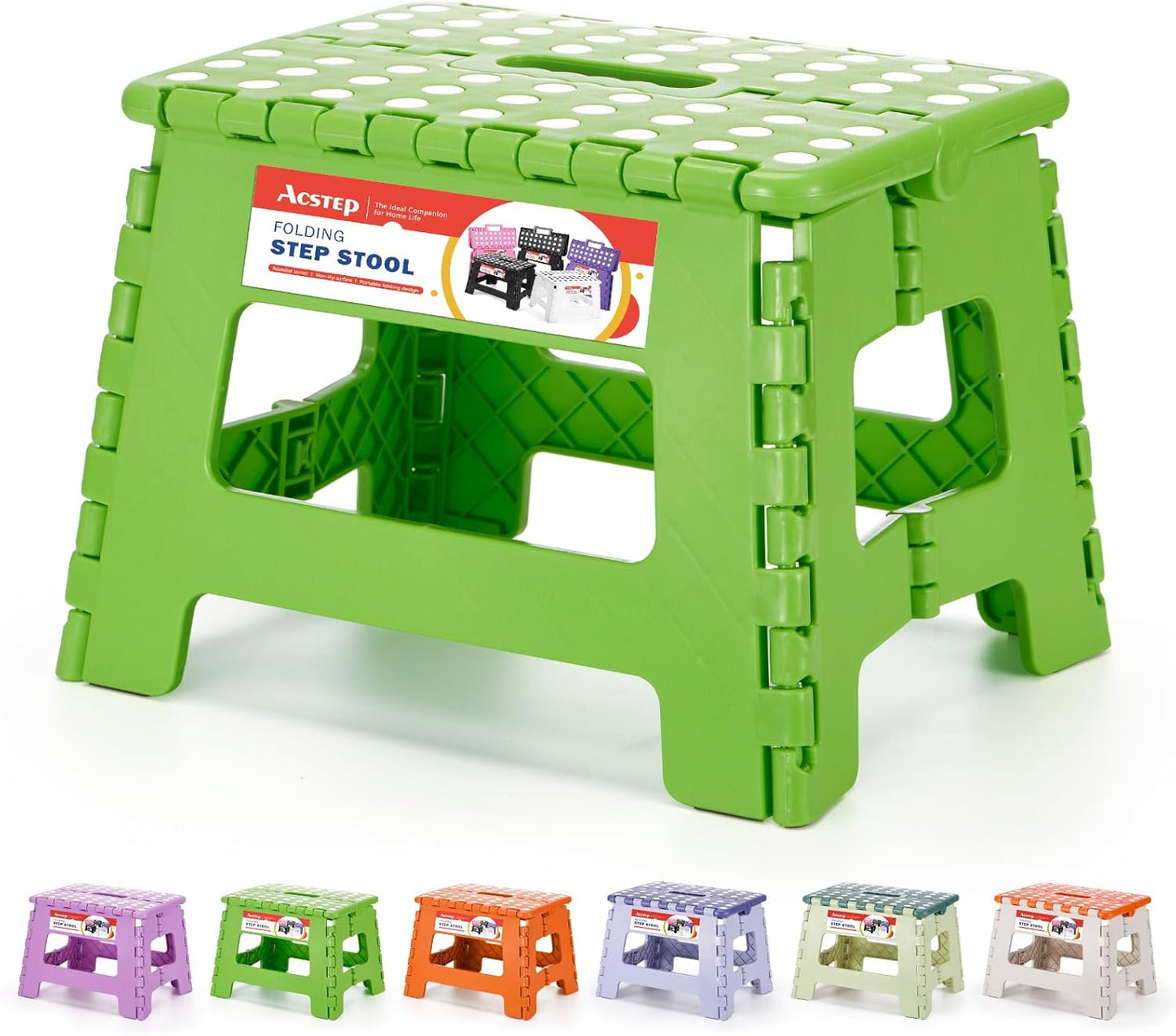 ACSTEP 9 Inch Folding Step Stool 300 LB Capacity Plastic Foldable Step Stools for Kids and Adults, Folding Stool Suitable for Kitchen, Stepping Stool with Handle Green Small Step Stool 1PC