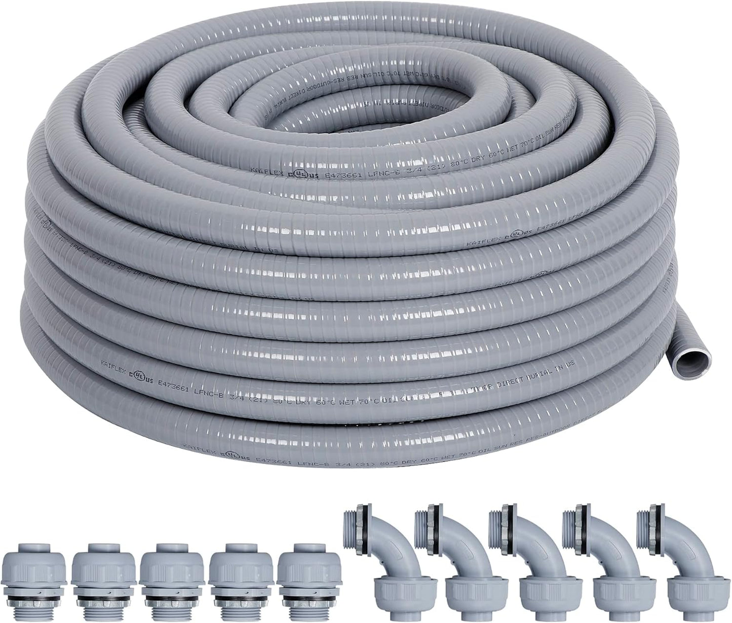 Liquid-Tight Conduit 3/4 25ft, Electrical Conduits w/UL Certification, Flexible Conduit with 5 Straight and 5 90-Degree Conduit Connector Fittings