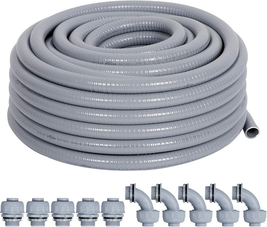Liquid-Tight Conduit 3/4 25ft, Electrical Conduits w/UL Certification, Flexible Conduit with 5 Straight and 5 90-Degree Conduit Connector Fittings