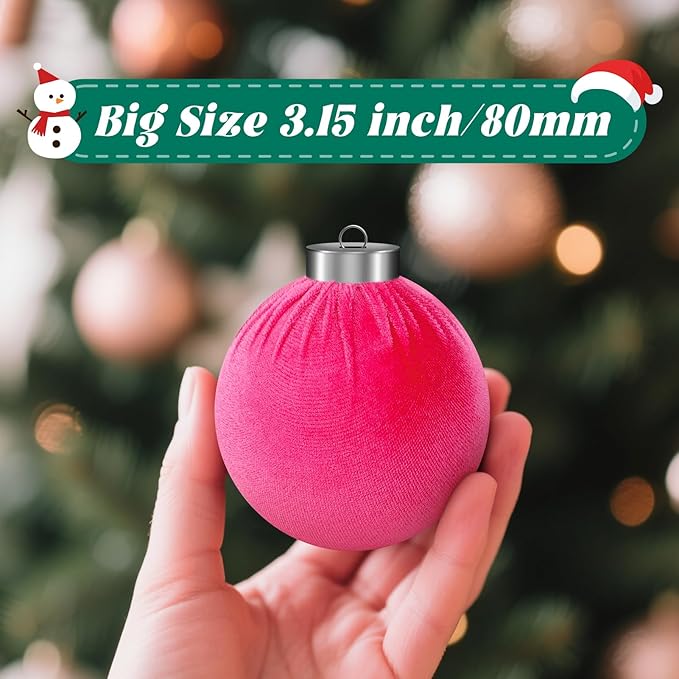 9 Pcs Pink Christmas Tree Ornaments Set, 80mm/3.15in Large Velvet Christmas Balls for Xmas Tree Decorations Shatterproof Hanging Flocked Balls Ornaments Hot Pink
