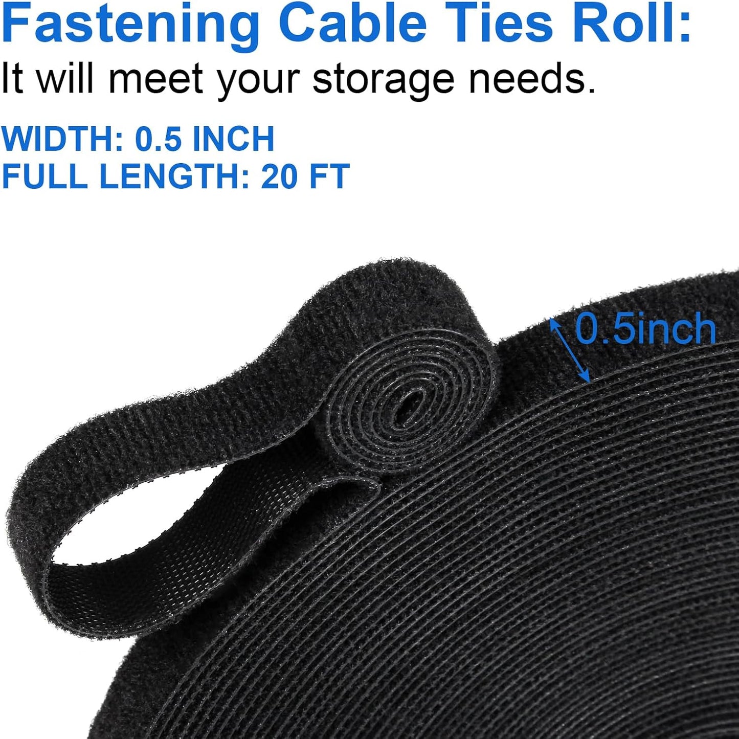 OneLeaf 20ft x 1/2inch Fastening Cable Ties Roll, Reusable Self-Gripping Strips, Double Sided Hook and Loop Tape Cable Management, Cut to Length Straps, Black Heavy Duty Wire Management