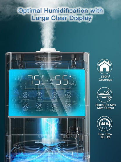 9L/2.4Gal Cool Mist Humidifier, Top Fill Quiet Ultrasonic Humidifiers for Bedroom, Covers 550ft², 60H Runtime, 24H Timer, 7 Colors Light, 4 Mist Modes Humidifier Large Room, Home, Office, White