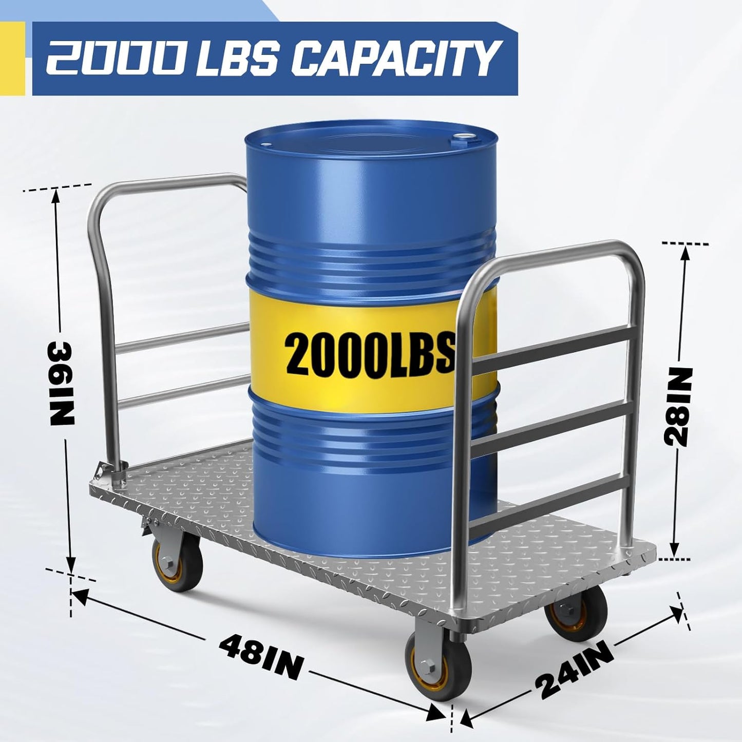 Platform Truck Cart with Detachable Baffle Guardrail,Heavy Duty 48x24 Inch Flatbed Cart with 2000 LBS Weight Capacity and 6In Swivel Caster Transporting Heavy Loads and Barrel with Ease & Efficiency