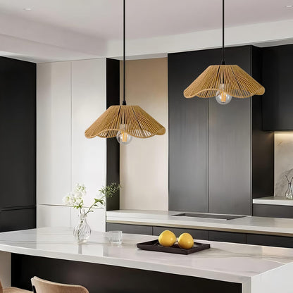 TERLEENART Hard Wired Rattan Pendant Lights Set of 2,Kitchen Island Pendant Lights with 12” Flower Shade,Boho Handwoven Paper Rope Rattan Ceiling Light for Living Room Dining Room Restaurant Foryer