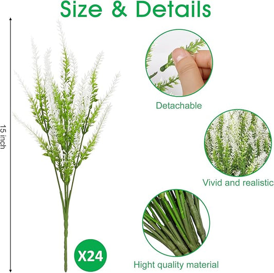 Ouddy Decor 24 Bundles Artificial Lavender Fake Flowers Faux Plastic Plants for Home Wedding Kitchen Garden Patio Window Box Office Table Centerpieces Indoor Outdoor Decor, White