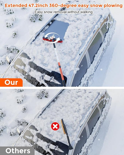 [Upgrade] Ice Scraper & Extendable Snow Brush for Car Windshield [Military-Grade Sturdy] - 360° Pivoting Brush Head with Silicone Grip for Effortless One-Swipe Clean on Auto (Large)