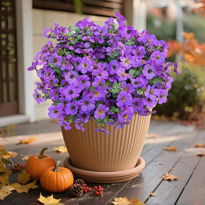 Artificial Flowers Outdoor UV Resistant Fake Plants, 12 Bundles Silk Daisy in Pots for Porch Patio Garden, Faux Potted Home Decor for Outside (Purple)