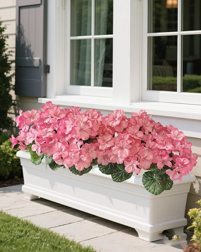 6 Bundles Faux Geranium Flowers Outdoor UV Resistant Pink Silk Artificial Geraniums, Perfect for Garden Plants, Home & Kitchen Table Centerpieces Deco, Porch, Patio, Yard & Balcony.