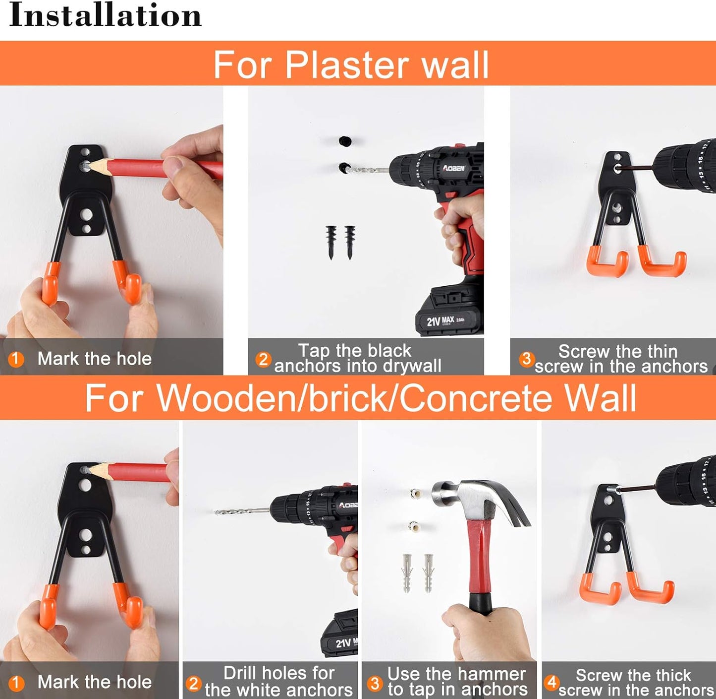 AOBEN Garage Hooks Heavy Duty, Steel Garage Storage Hooks, Utility Tool Hangers and Combinable Wall Mount Garage Hooks for Organizing Ladders, Bikes, Hoses, and More Equipment (Small J, 4 Pack)