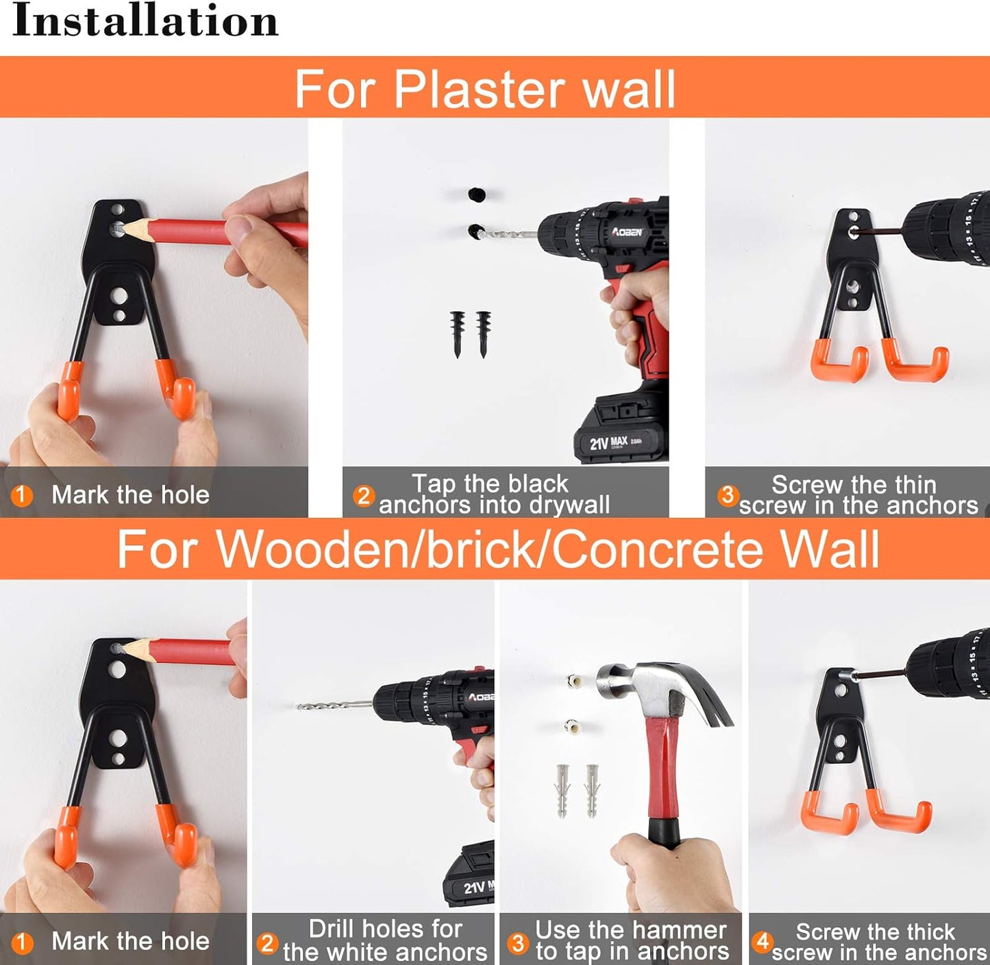 AOBEN Garage Hooks Heavy Duty, Steel Garage Storage Hooks, Utility Tool Hangers and Combinable Wall Mount for Organizing Ladders, Bikes, Hoses, and More Equipment (Large J, 6 Pack)