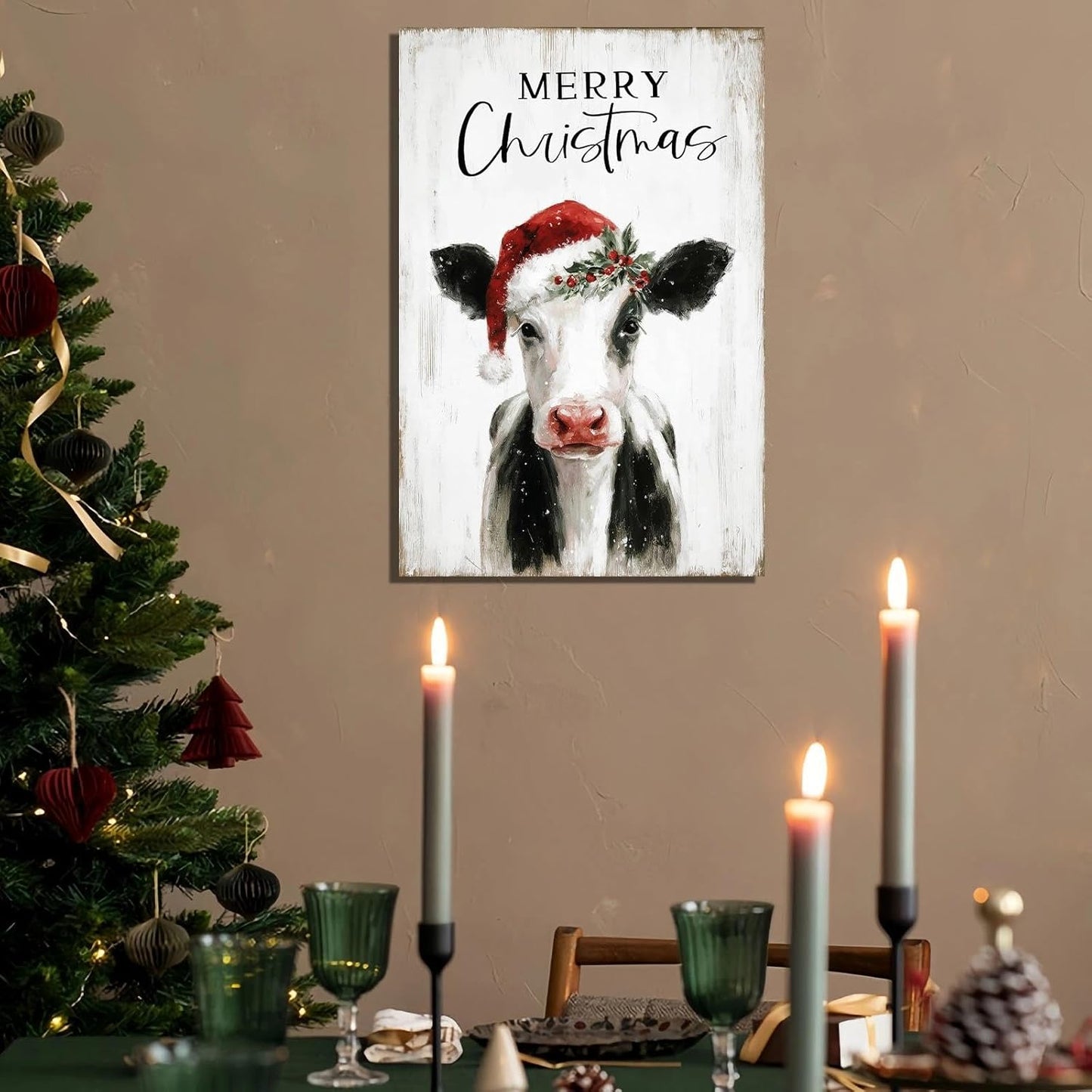 Christmas Cow Canvas Wall Art – Framed Farmhouse Decor for Xmas, Ready to Hang Print Holiday Gifts for Bedroom & Living Room Indoor 16x24Inch