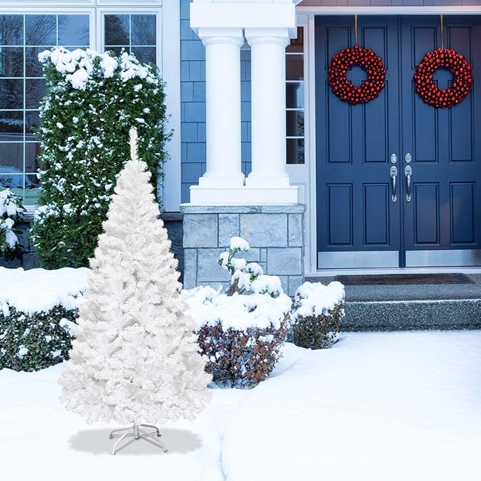 Happygrill 5FT White Christmas Tree Artificial Xmas Tree with Solid Metal Stand White Xmas Pine Tree for Indoor Outdoor Decoration