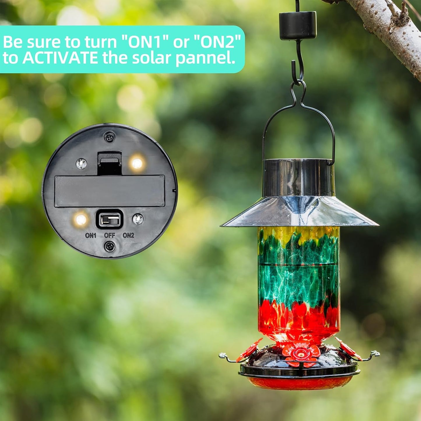 Muse Garden Gifts for Women Solar Hummingbird Feeders for Outdoors Hanging Ant and Bee Proof, Hand Blown Glass Lantern Garden Decor, Moms Birthday Unique, 28oz, Teal Yellow