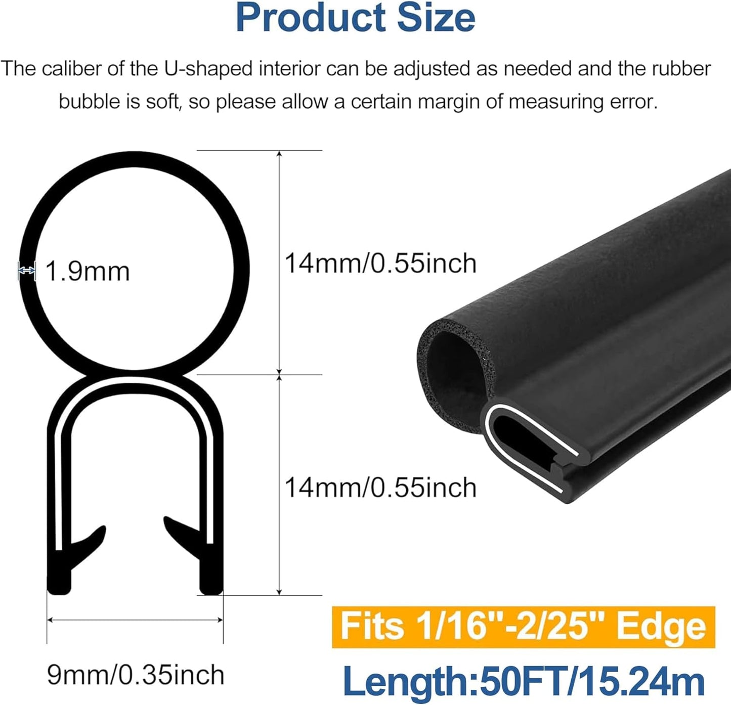 Kikerike Automotive Door Weather Stripping 50Ft Car Door Rubber Edge Trim Seal Strip Gasket with Top Bulb Easy to Install for Car Bus Camper Boat RV Truck Doors and Home Applications